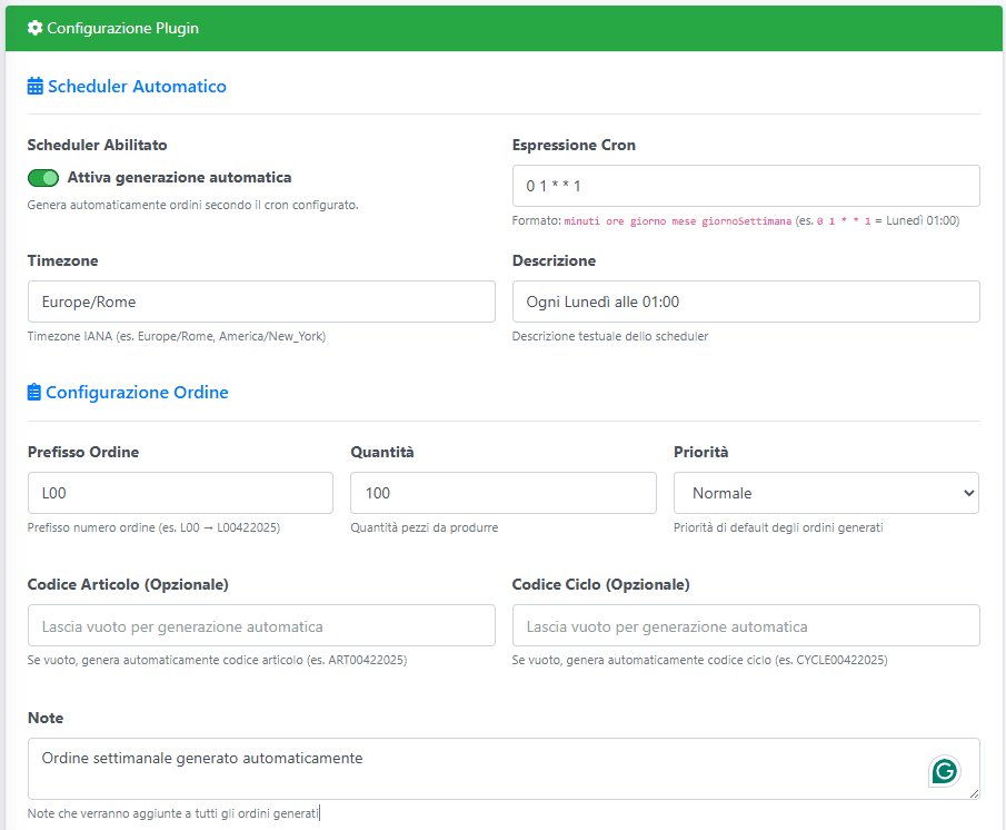 Schermata Configurazione Plugin: scheduler cron ogni lunedì alle 01:00 (Europe/Rome), prefisso ordine L00, quantità 100, priorità normale e note per ordini settimanali automatici.