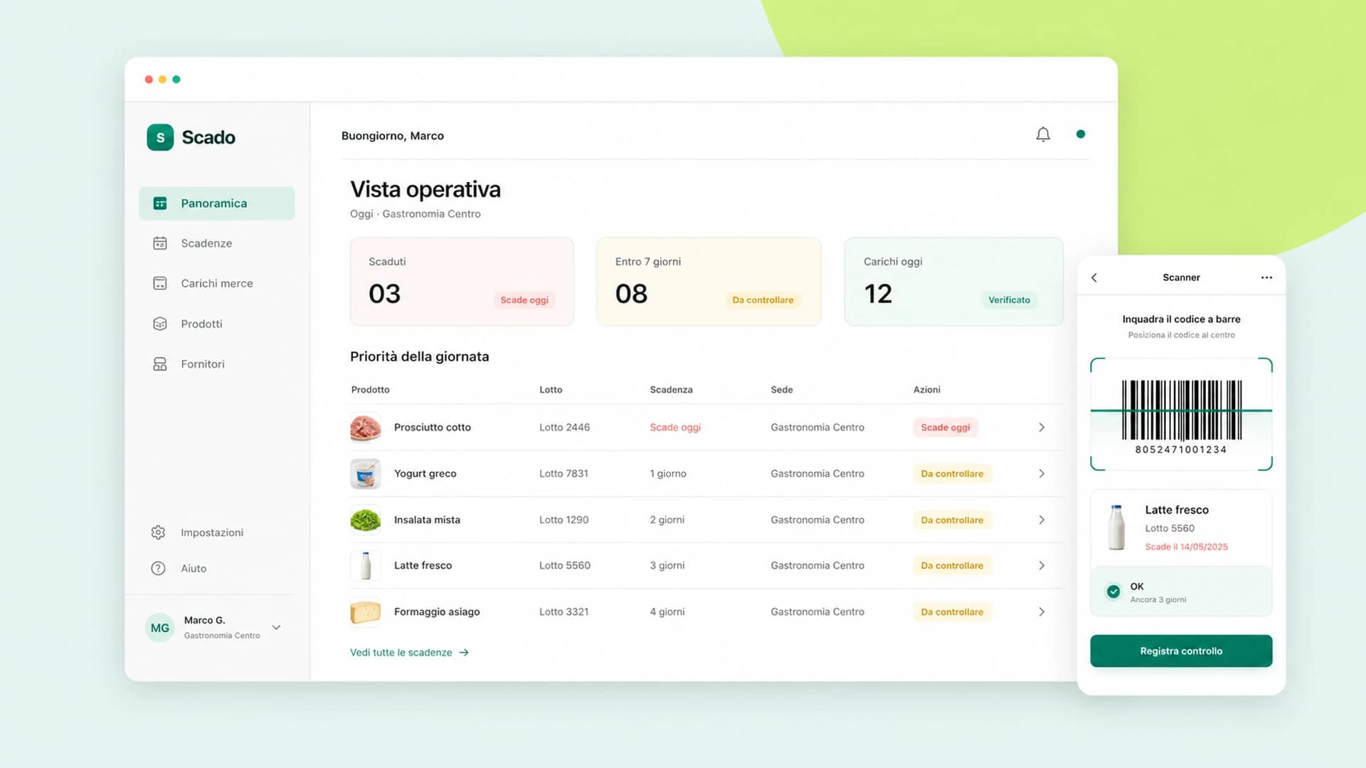 Dashboard SCADO con priorità giornaliere, prodotti in scadenza e scanner barcode