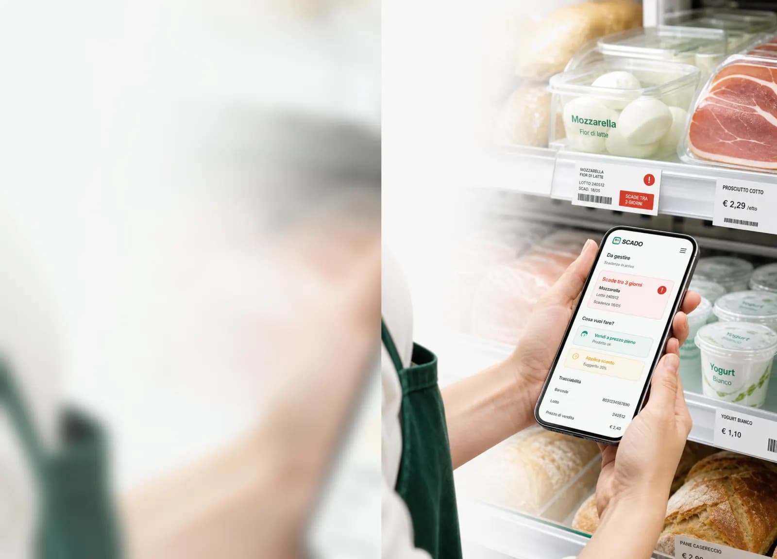 SCADO usato su smartphone davanti a prodotti alimentari con scadenze e lotti