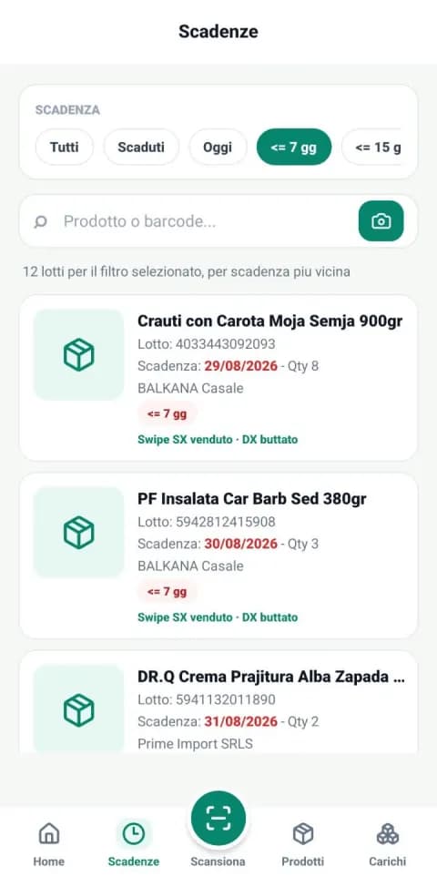 Schermata mobile SCADO con filtro scadenze e lista lotti in scadenza